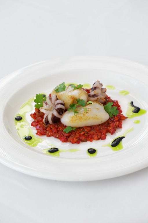 European Cuttlefish "a la plancha" with red pepper and lemon-coriander dressing