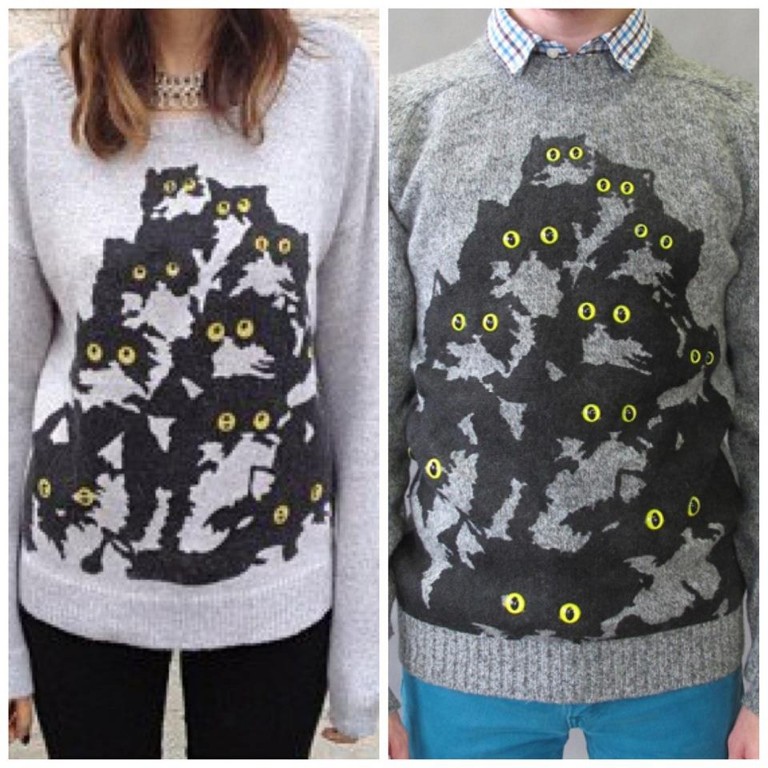 Providence designer Joseph Aaron Segal's original cat sweater at right, and California clothing company LF Laguna's knockoff at right
